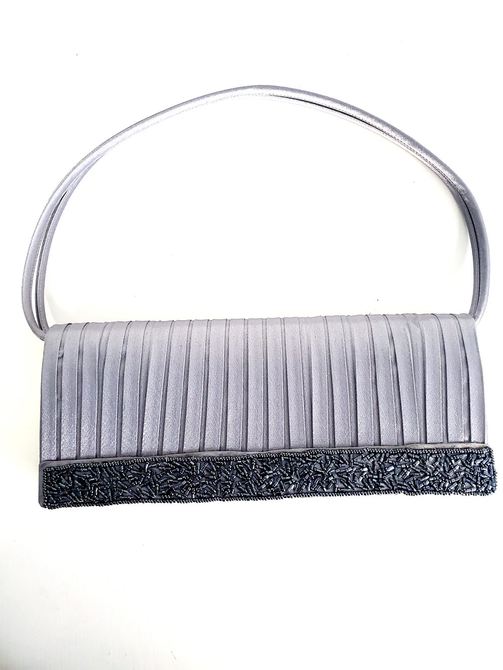 Elegant Pleated Satin Clutch in Light Gray with Beaded Trim